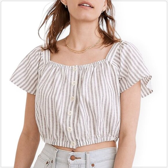 Madewell Flutter-Sleeve Button-Front Crop Top Stripe Hemp Cotton NWT NEW S - Picture 1 of 8
